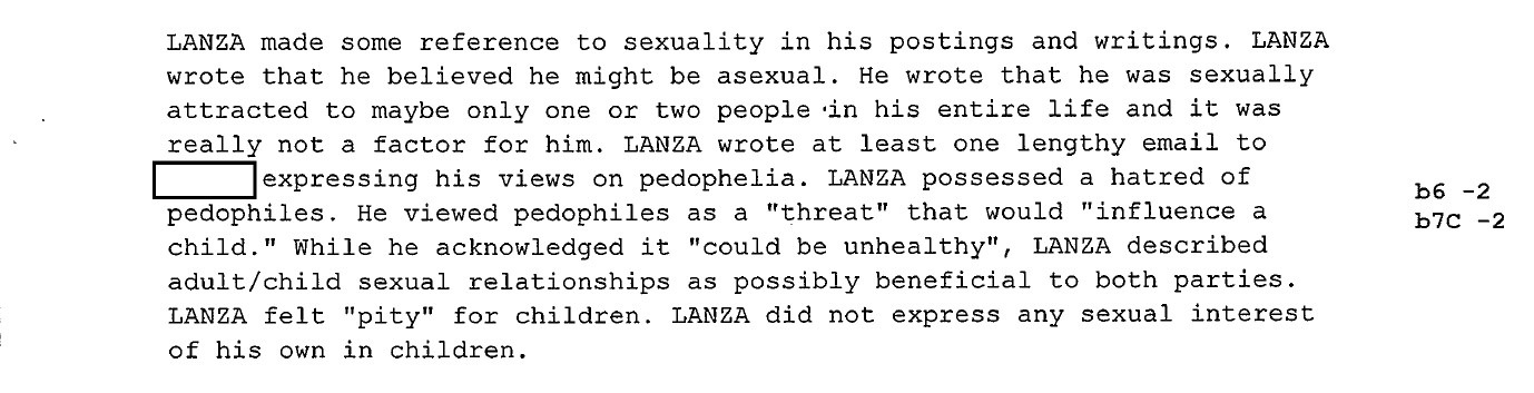 FBI excerpt on Lanza's true view on pedophiles