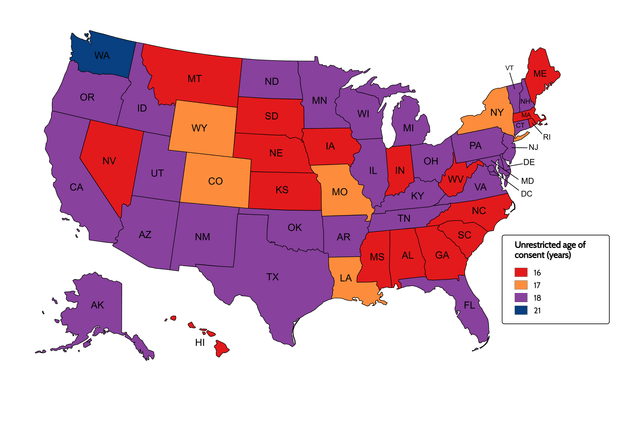 Age of consent map for every US state