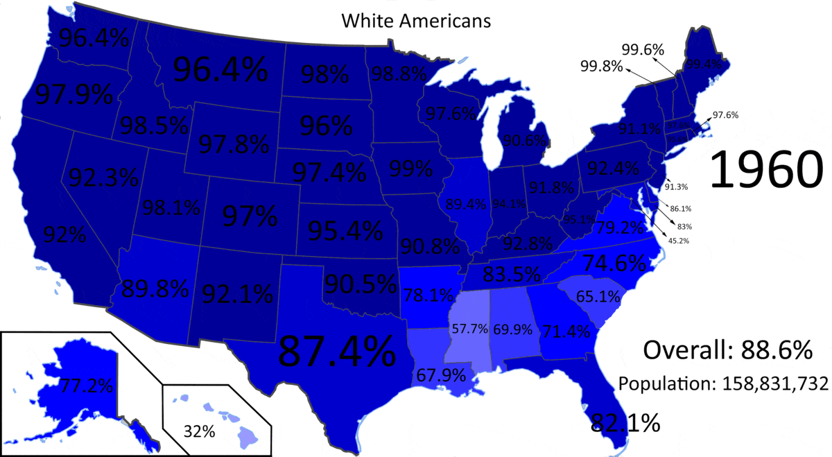 This timeline map showing the demographics of the United States from 1960 to 2020 clearly shows that the country is gradually becoming less and less white.