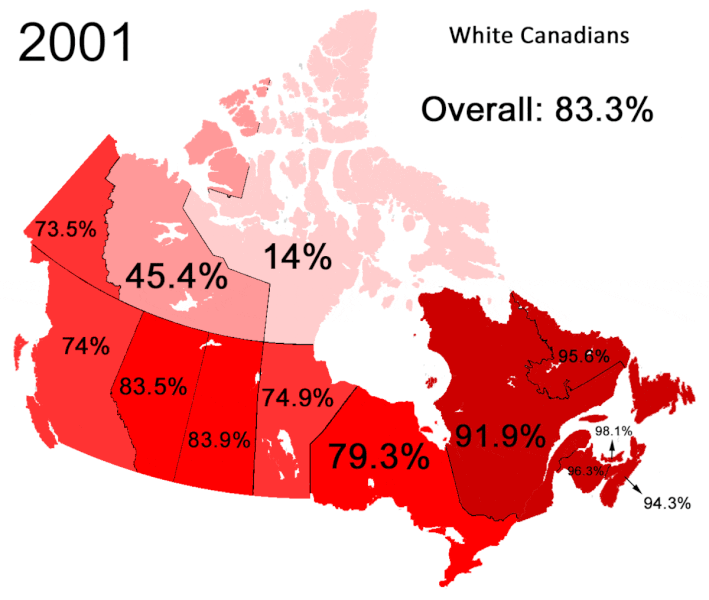 This timeline map showing the demographics of Canada from 2001 to 2016 clearly shows that the country is gradually becoming less and less white.