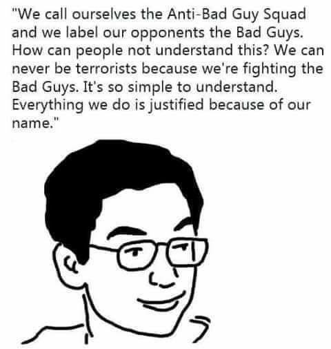 Meme about determining who the bad guys are.
