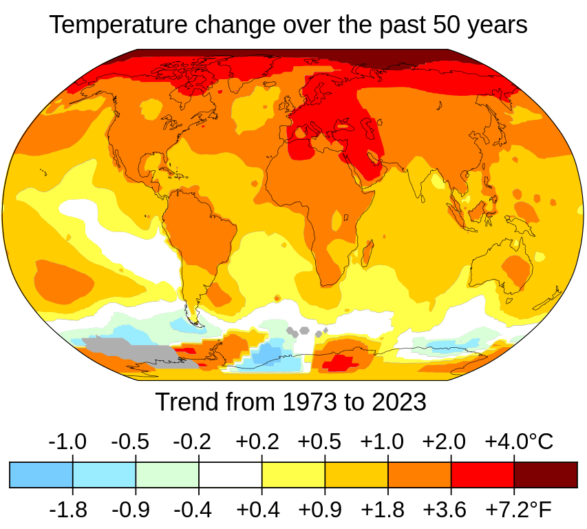 Change in average global temperature from 1973 to 2023