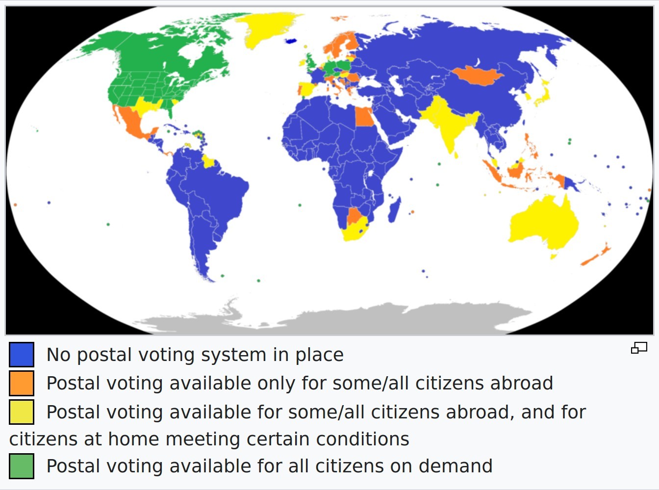 Most countries don't allow postal voting, or only allow it under special circumstances.