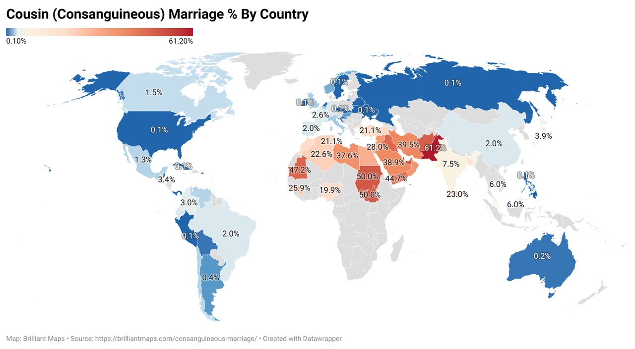 Cousin marriage percentages by country map