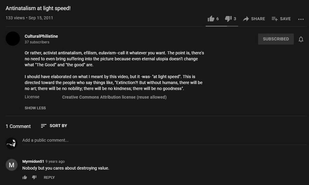 Screenshot for CulturalPhilistine's "Antinatalism at light speed!" video.