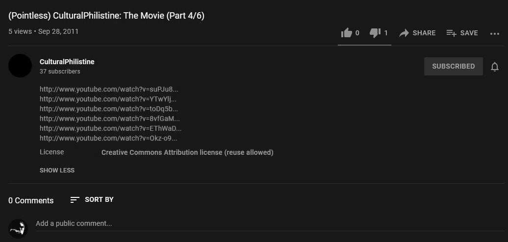 Screenshot for the "(Pointless) CulturalPhilistine: The Movie (Part 4/6)" video.