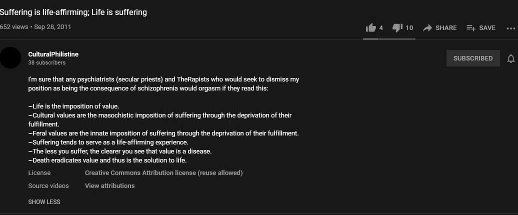 Screenshot for CulturalPhilistine's "Suffering is life-affirming; Life is suffering" video.