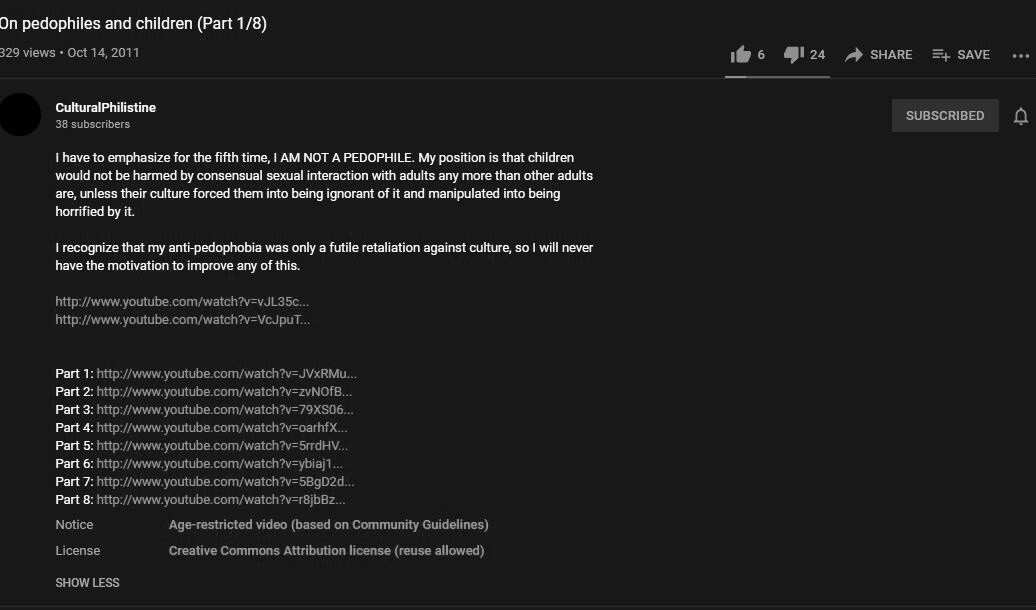 Screenshot for CulturalPhilistine's "On pedophiles and children (Part 1/8)" video.