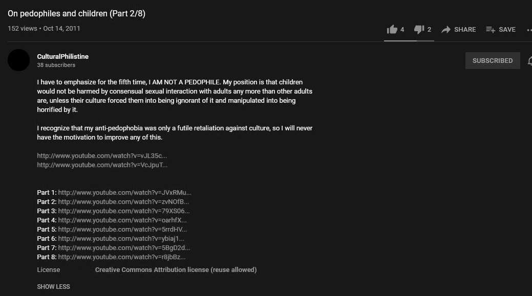Screenshot for CulturalPhilistine's "On pedophiles and children (Part 2/8)" video.