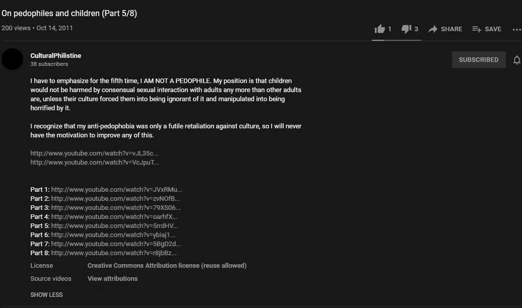 Screenshot for CulturalPhilistine's "On pedophiles and children (Part 5/8)" video.
