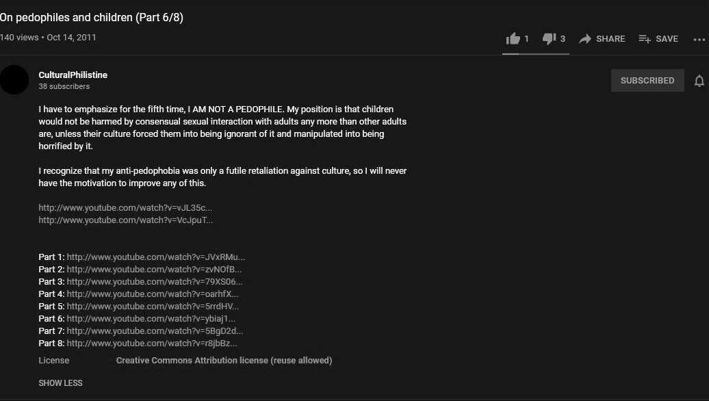 Screenshot for CulturalPhilistine's "On pedophiles and children (Part 6/8)" video.
