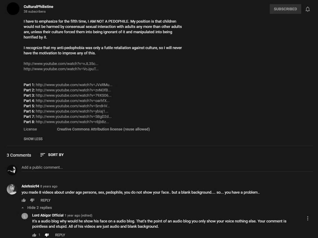 Screenshot for CulturalPhilistine's "On pedophiles and children (Part 7/8)" video.