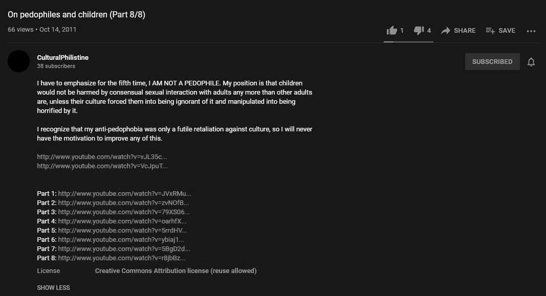 Screenshot for CulturalPhilistine's "On pedophiles and children (Part 8/8)" video.