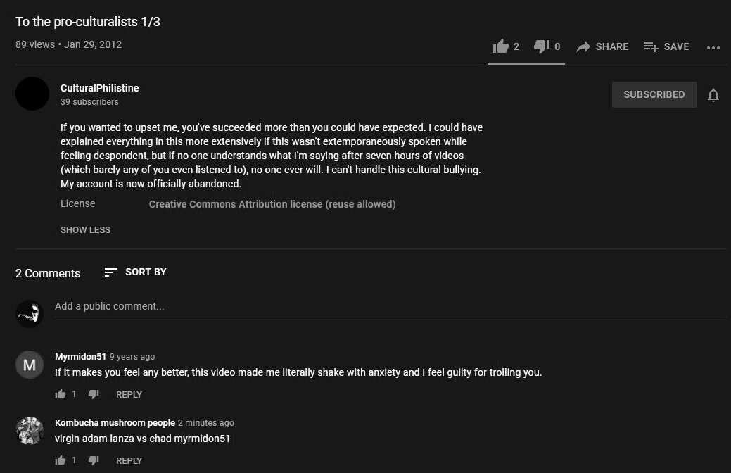 Screenshot for CulturalPhilistine's "To the pro-culturalists 1/3" video.