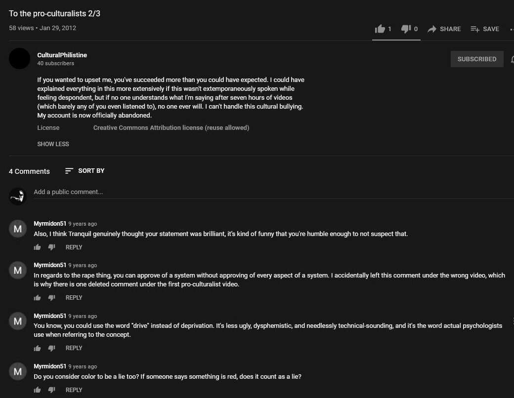 Screenshot for CulturalPhilistine's "To the pro-culturalists 2/3" video.