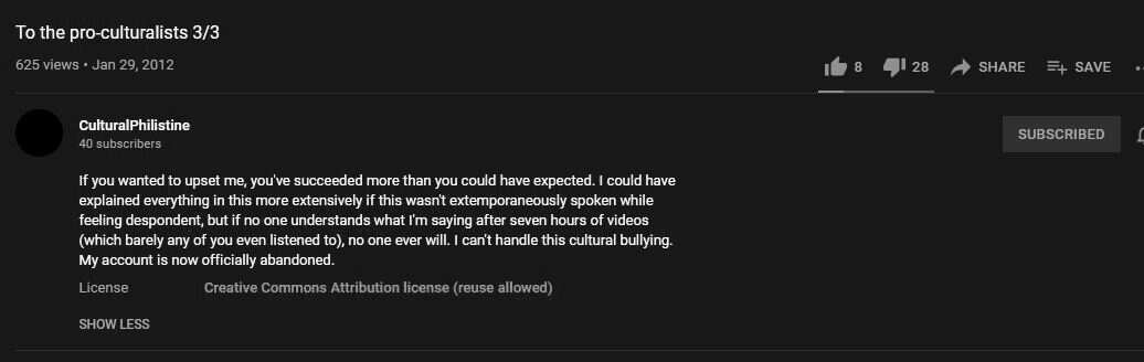 Screenshot for CulturalPhilistine's "To the pro-culturalists 3/3" video.