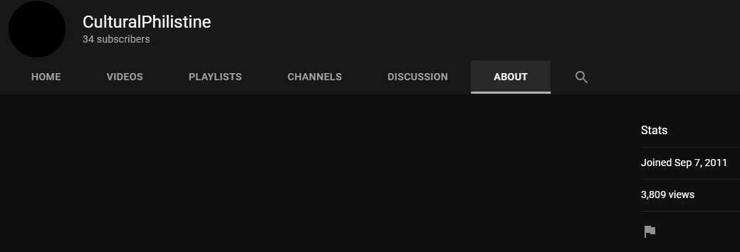 Screenshot for CulturalPhilistine's YouTube About page.