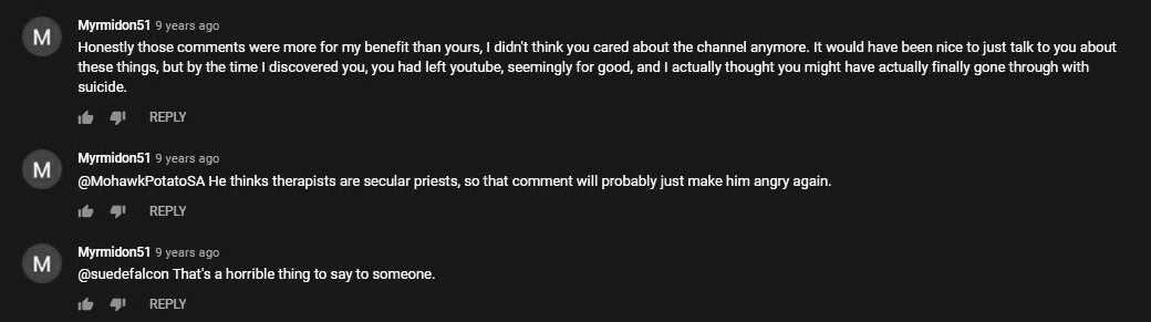 Screenshot of Myrmidon51's comments claiming they were for his own benefit.