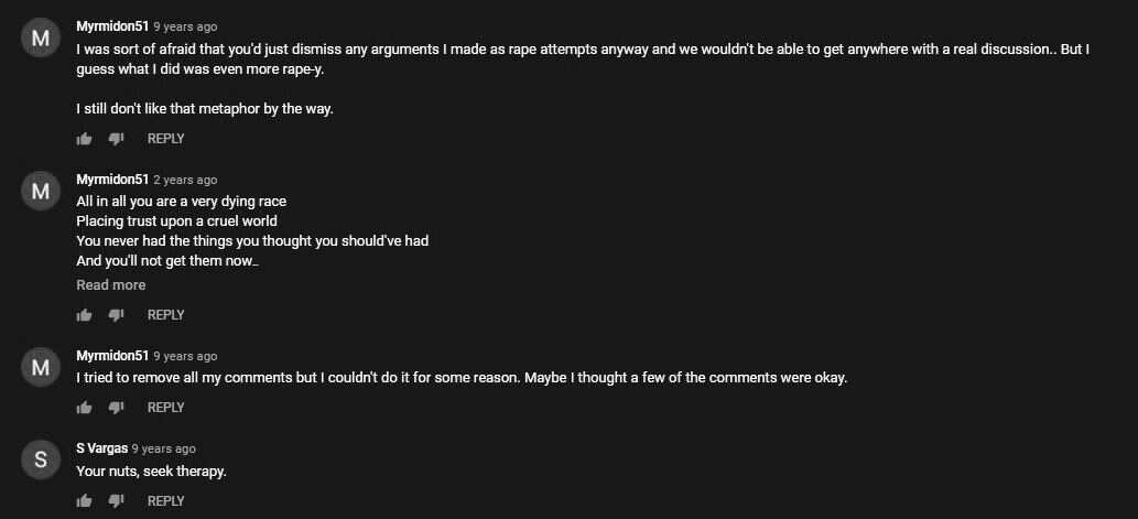 Screenshot of Myrmidon51's comments on rape, cruel world, and deleting his comments.