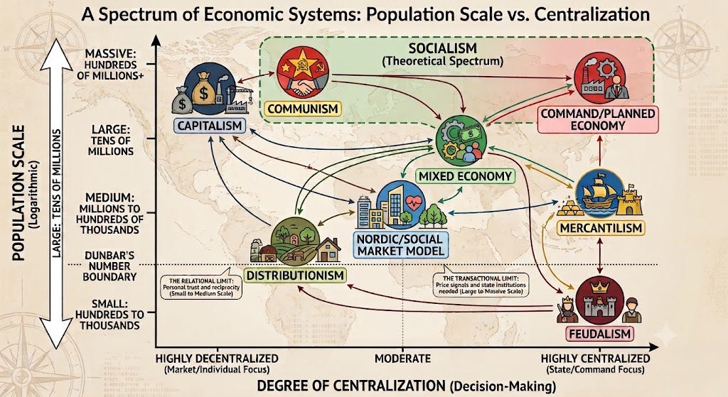 2D graph of economic systems by population scale and centralization.