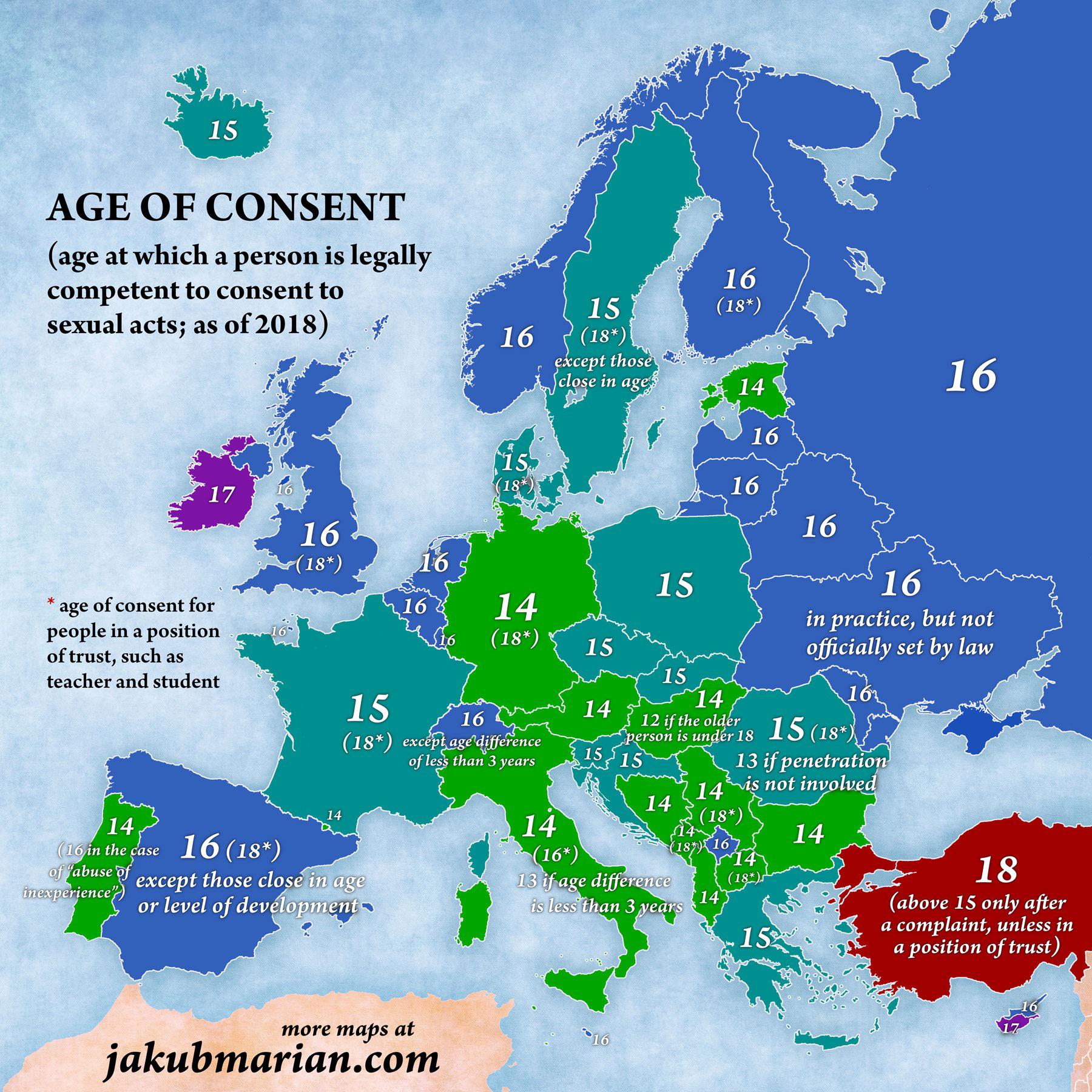 Age of consent map for European countries