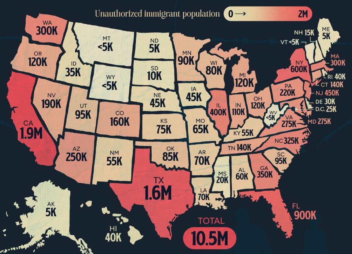 The estimated number of illegal aliens in each US state, as of June 2024.