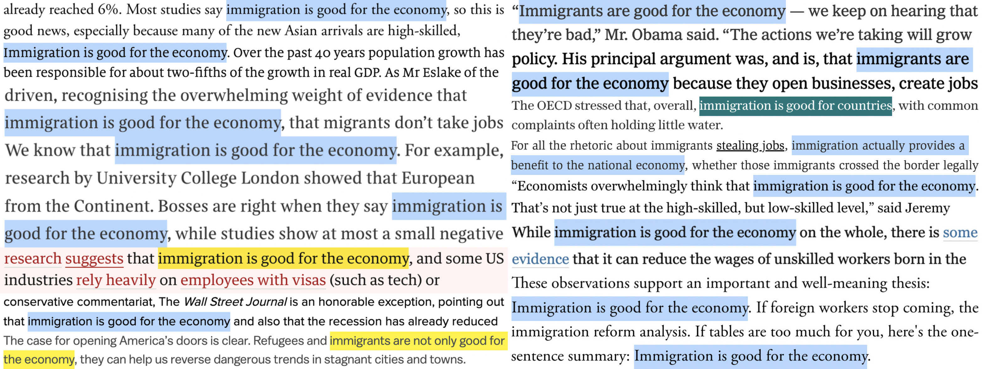 Montage of news outlets claiming "immigration is good for the economy".