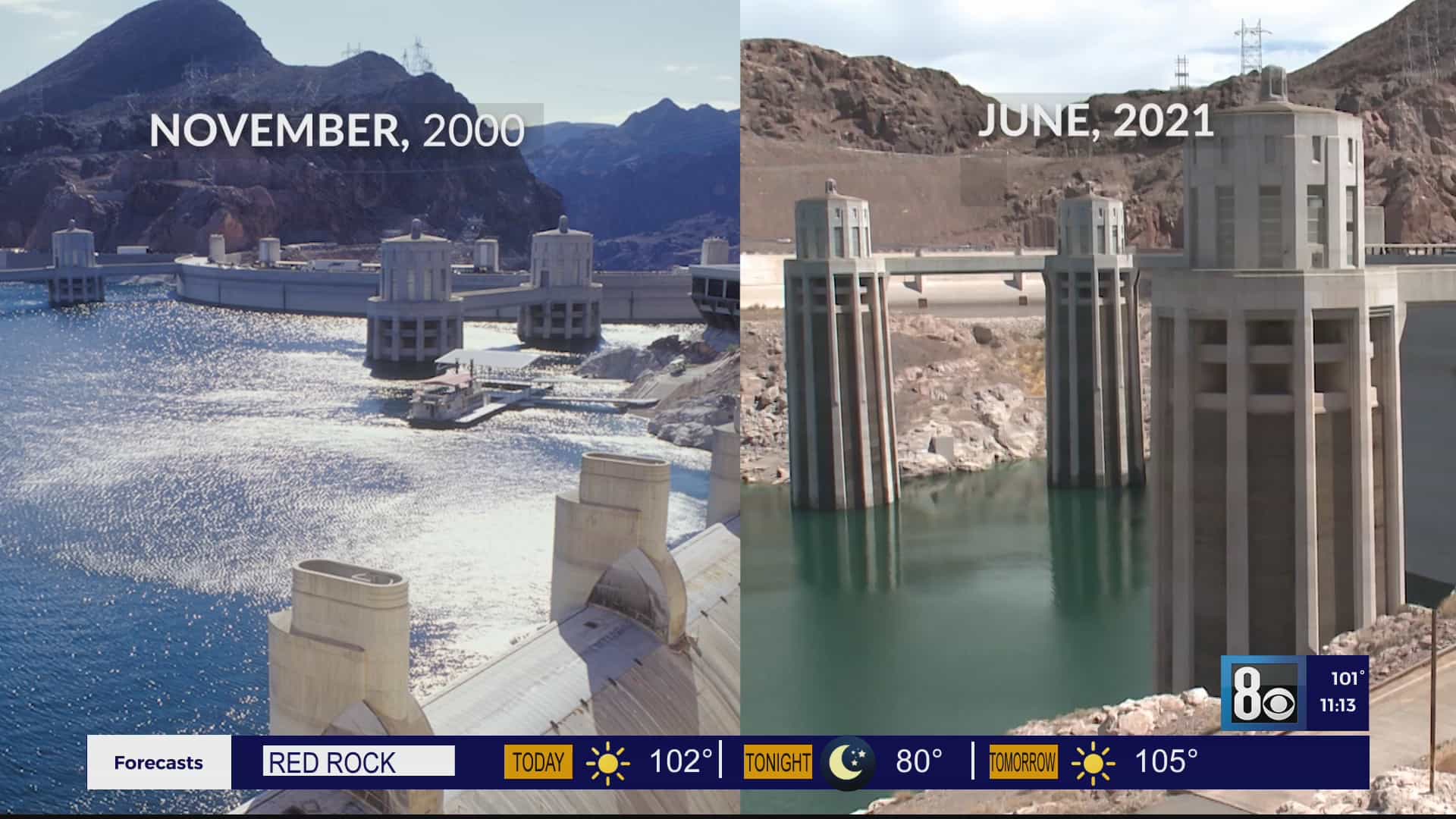 Water levels at Lake Mead in 2000 vs 2021.