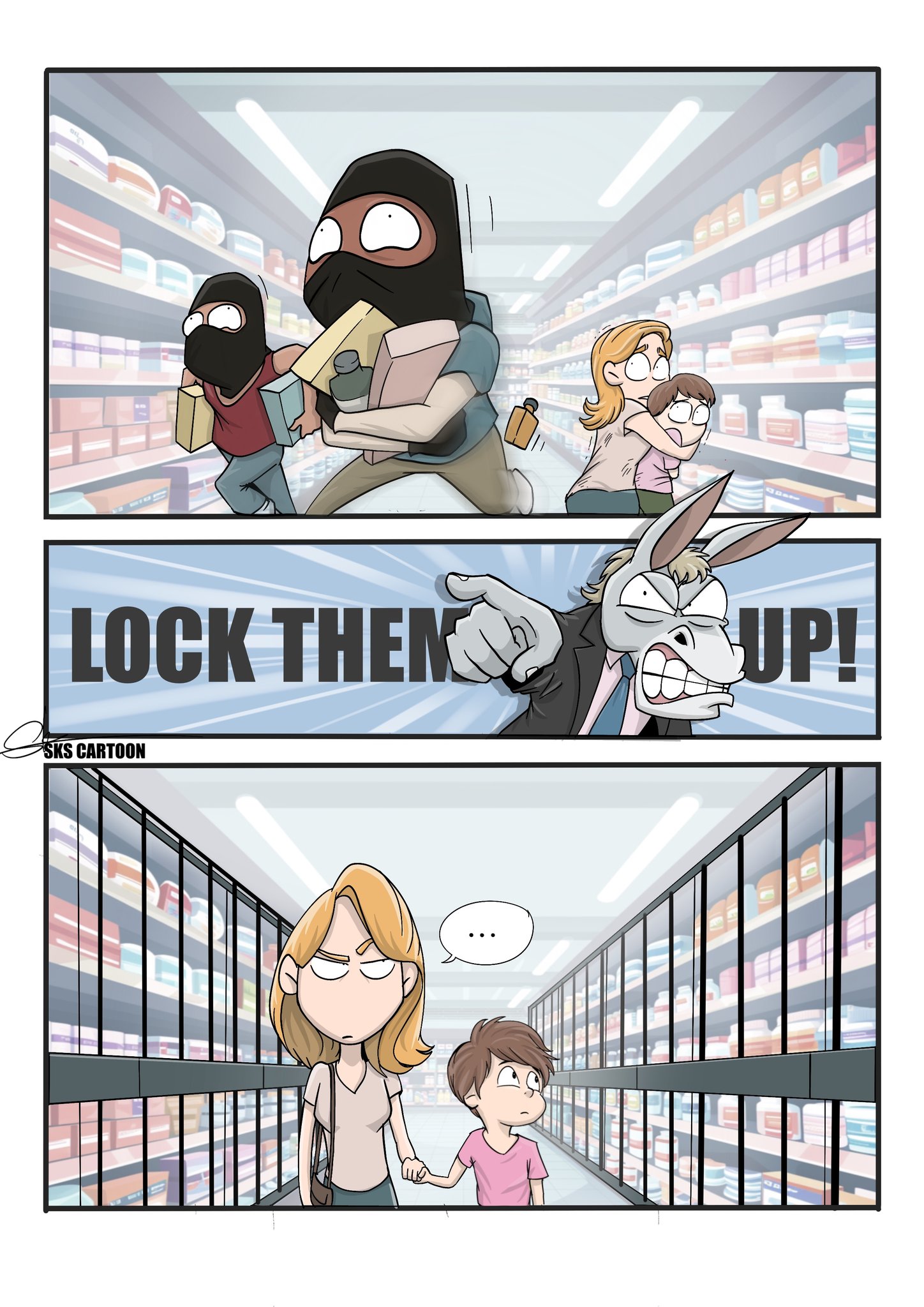 Locking up criminals vs retailer merchandise comicstrip
