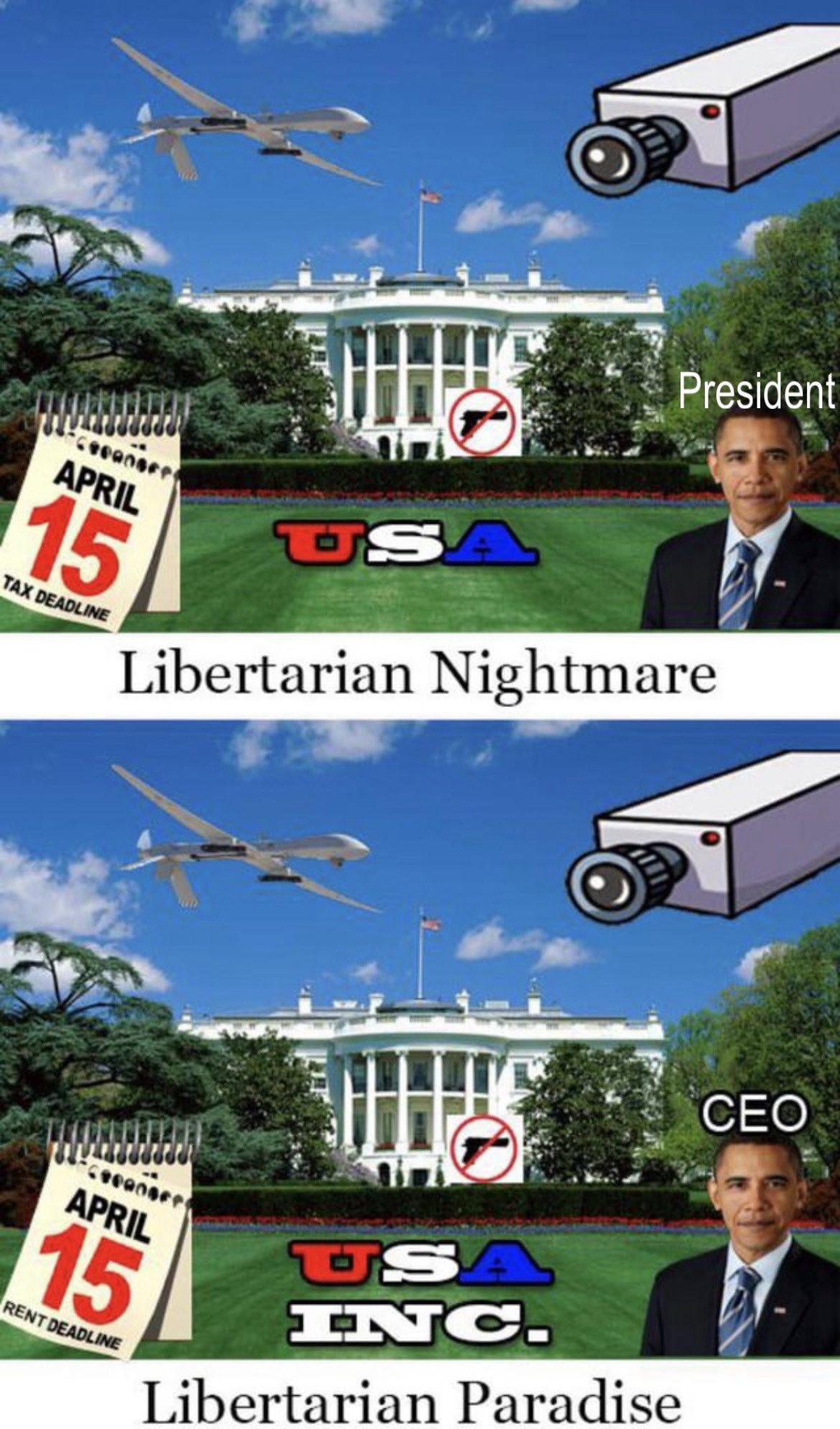 Libertarian Nightmare vs Paradise meme where state oppression is replaced by corporate oppression.