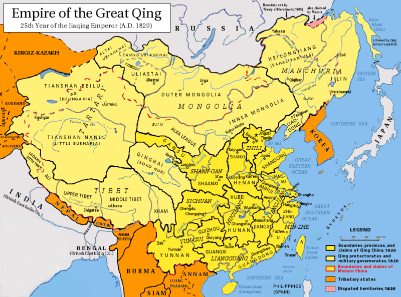 Territory and tribute states map of the Qing Dynasty in 1820.