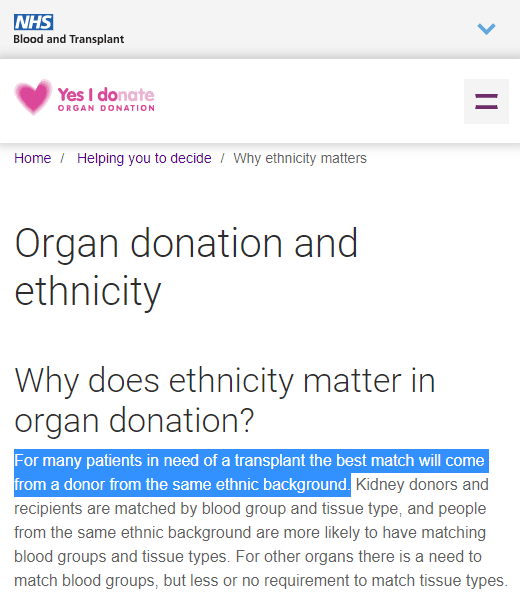 NHS says that race matters in organ transplants.