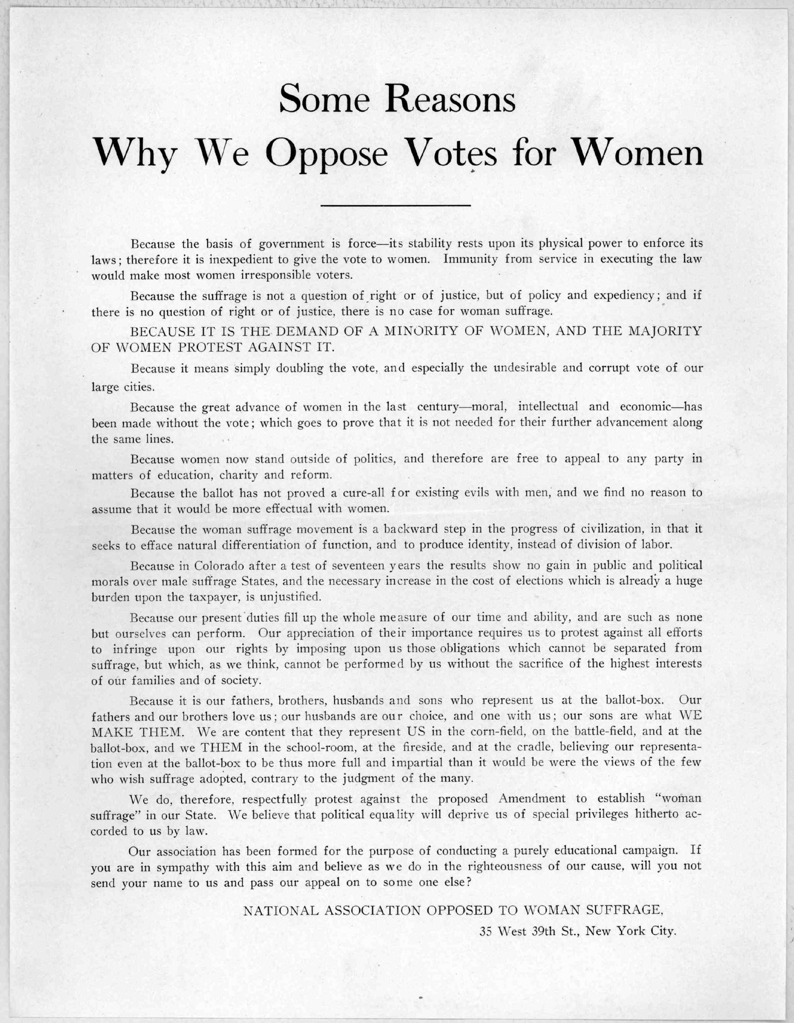 Reasons by National Association Opposed To Women's Suffrage